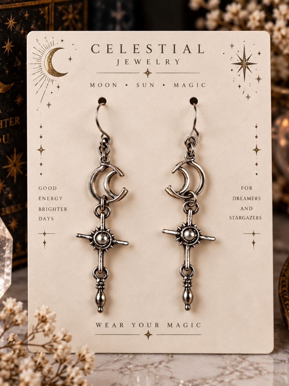 Silver Celestial Metal Moon & Star Dangle Drop Earrings New